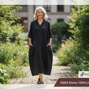 OSKA Elvina 100% Linen Black Midi Shirt Dress Tunic | Size 0 | Lagenlook EUC